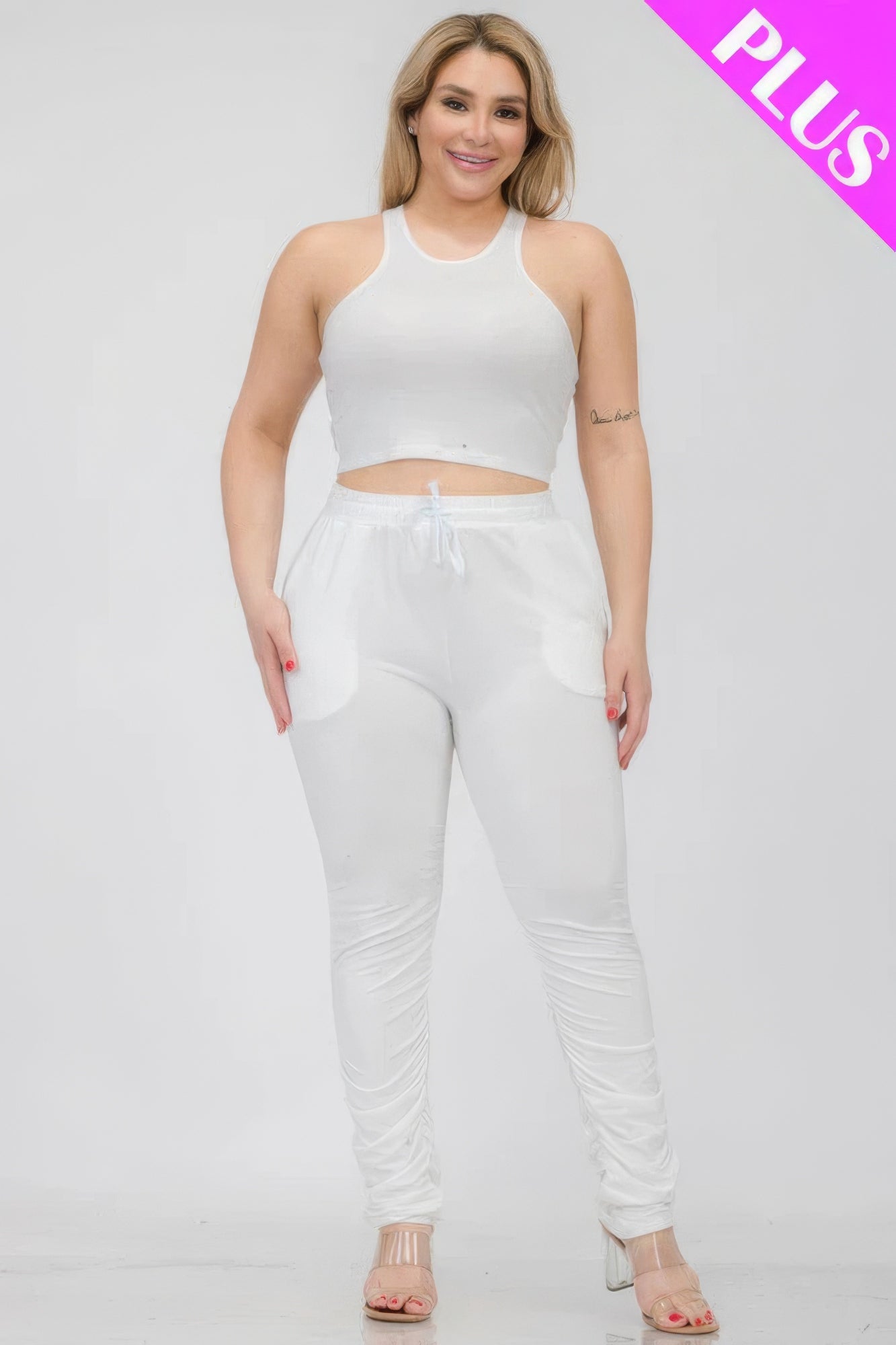 Plus Size Crop Tank Top & Ruched Pants Set